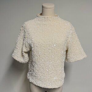 H&M White Sequin Short Sleeve Mock Neck Top